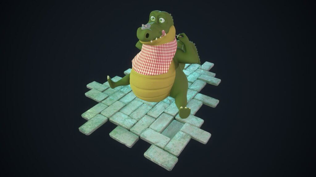 Modele 3D d'un alligator rondouillard assis, serrant une serviette autour de son cou et fixant une petite souris sur son museau en imaginant faire d'elle son futur casse croûte. Modèle réalisé grâce à Zbrush, Substance Painter et rendu sur Marmoset Toolbag.