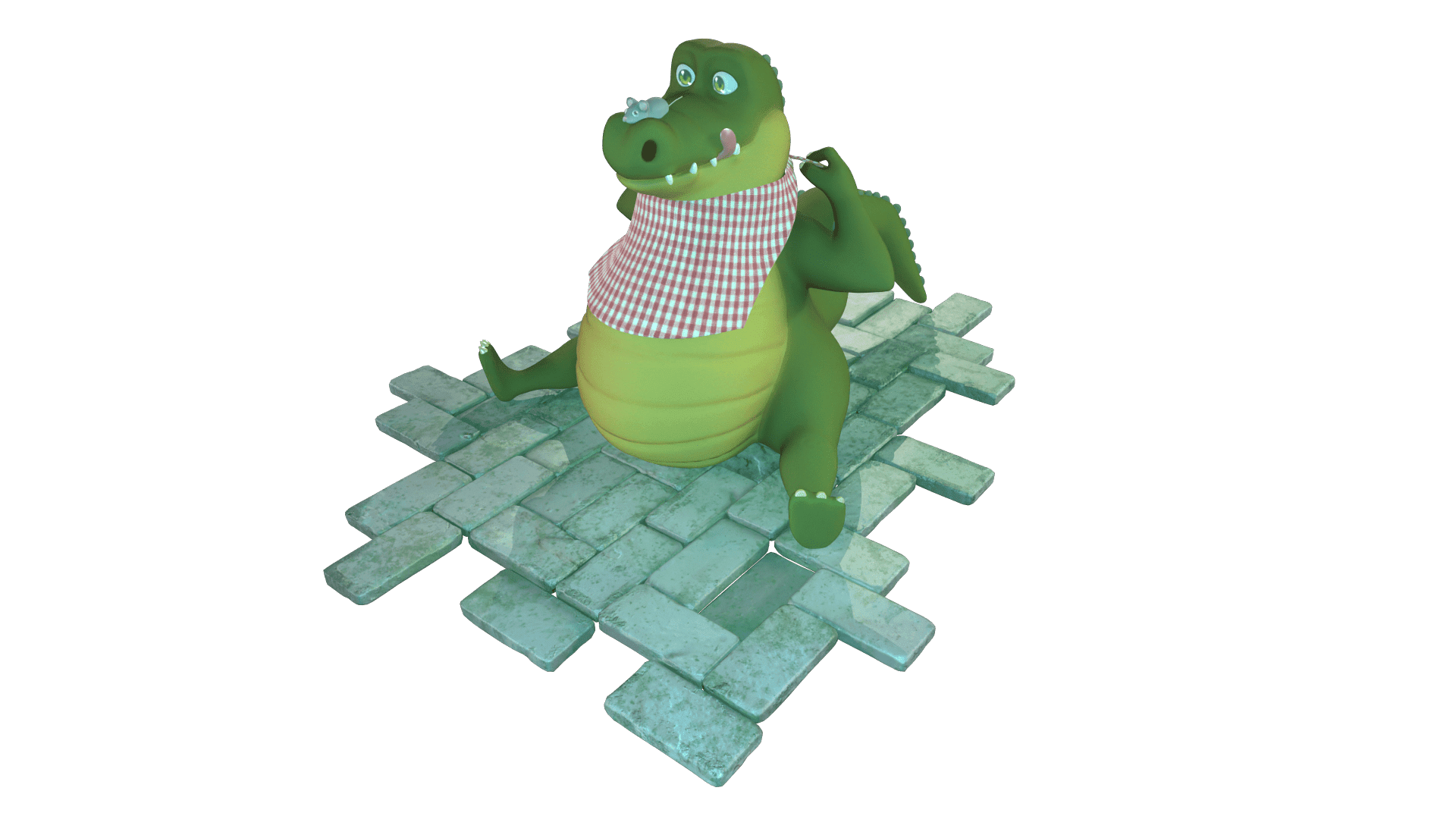 Modele 3D d'un alligator rondouillard vert assis, serrant une serviette autour de son cou et fixant une petite souris sur son museau en imaginant faire d'elle son futur casse croûte. Modèle réalisé grâce à Zbrush, Substance Painter et rendu sur Marmoset Toolbag. ( Image sur fond transparent )