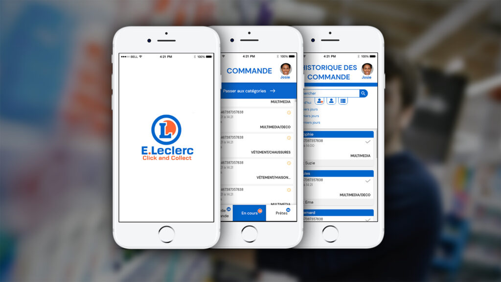 Une Bannière représentant 3 smartphone comprenant divers affichage de l'application de préparation de Commandne Leclerc côté employé.