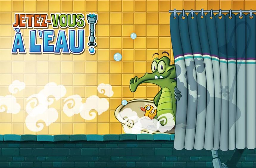 Image du jeu " Jetez vous à l'eau avec Swampy " un jeu où il faut faire acheminer de l'eau jusqu'a la tuyauterie d'un alligator dans les égouts.