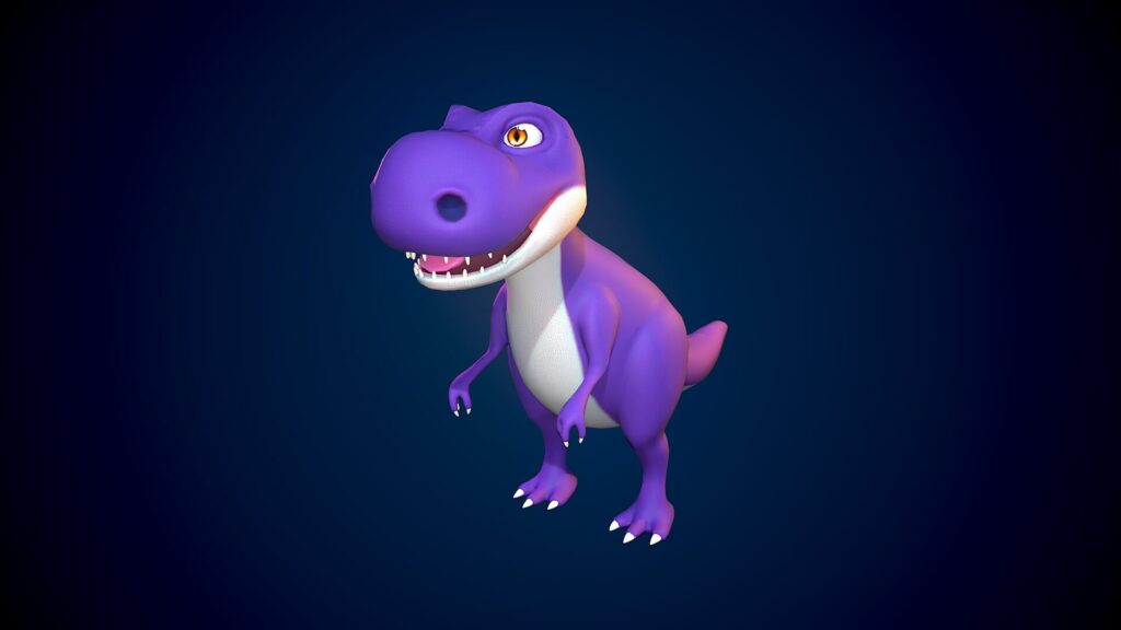 Modele 3D d'un T-Rex violet à l'air tout à fait sympathique. Il est vue de face. Modèle réalisé grâce à Zbrush, Blender, Substance Painter et rendu sur Marmoset Toolbag.