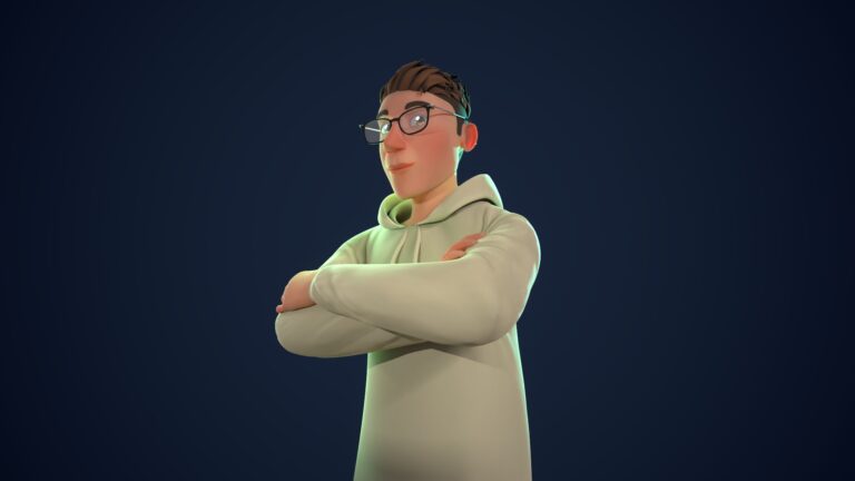 Autoportrait en 3D. Je porte un Sweet Beige ainsi que des lunettes de vue et j'ai les cheveux court et brun. Je suis vue de face. Modèle réalisé grâce à Zbrush, Blender, Substance Painter et rendu sur Marmoset Toolbag.